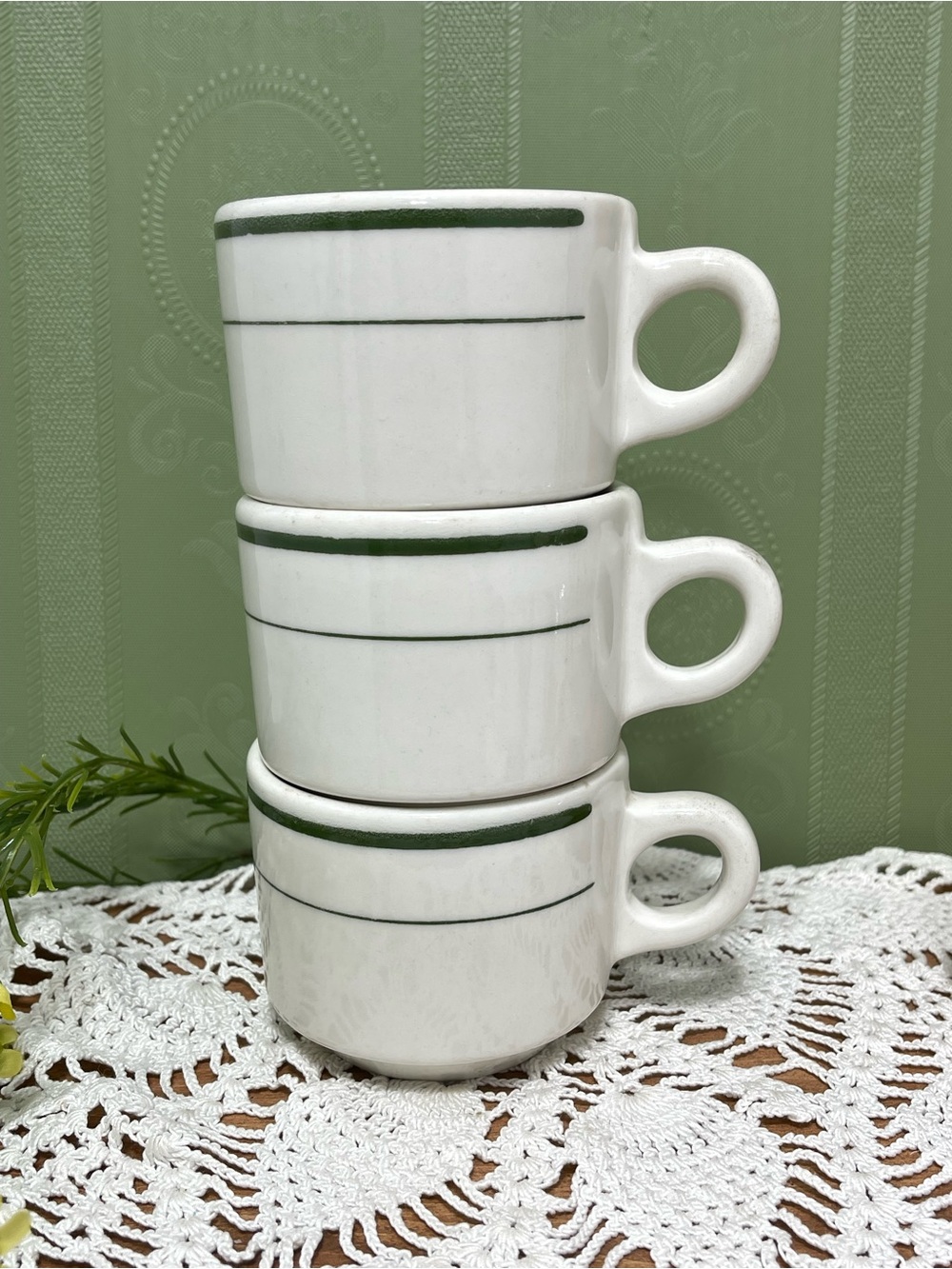 Buffalo Stackable White Green Stripe Cup Mug Restaurant Ware Diner Style Chubby